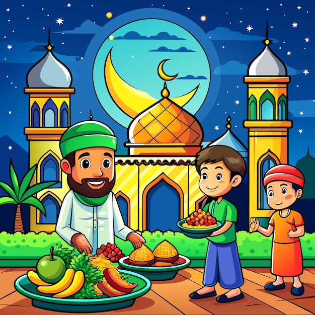 Vector islamic ramadan celebration iftar party hand drawn mascot cartoon character sticker icon concept
