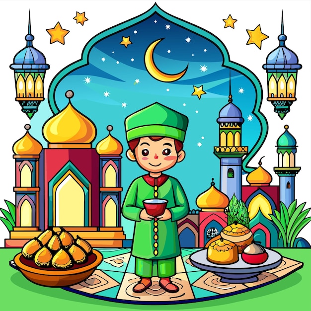 Vector islamic ramadan celebration iftar party hand drawn mascot cartoon character sticker icon concept