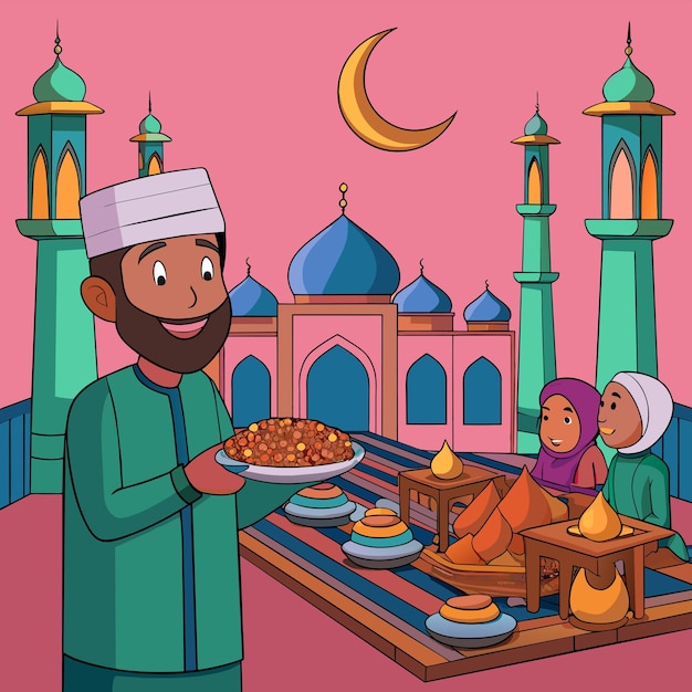 Vector islamic ramadan celebration iftar party hand drawn mascot cartoon character sticker icon concept