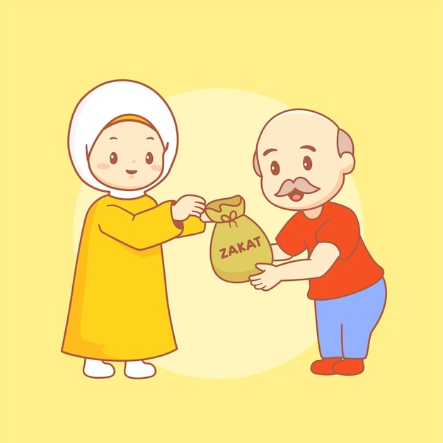 Islamic ramadan charity background with muslim people giving money zakat or share with each other