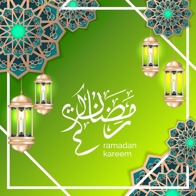 Islamic ramadan greeting with crescent moon and gold lantern