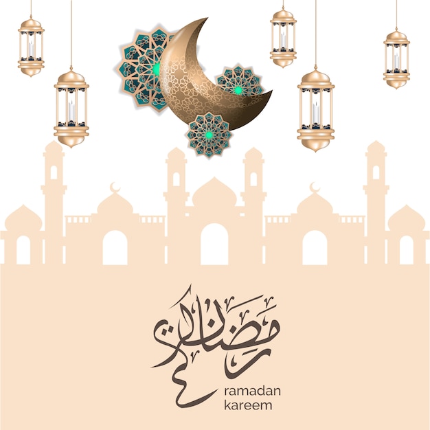 Islamic ramadan greeting with crescent moon and gold lantern