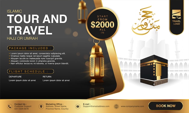 Islamic ramadan hajj & umrah brochure or flyer template background design with praying hands and mecca illustration in 3d realistic design.