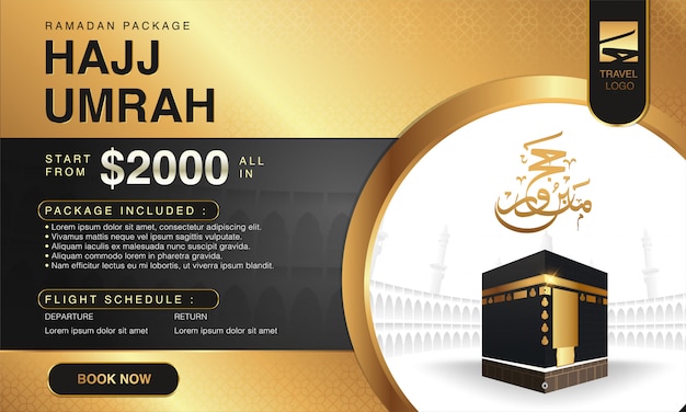 Islamic ramadan hajj & umrah brochure or flyer template background design with praying hands and mecca illustration.