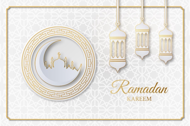 Islamic ramadan kareem background with mosque, crescent moon, lantern and geometric pattern