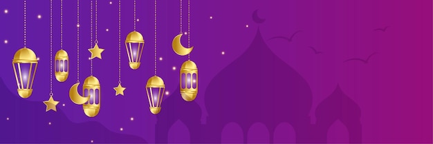 Islamic ramadan kareem banner background with crescent pattern moon star mosque lantern vector illustration hanging lantern purple colorful wide banner design background