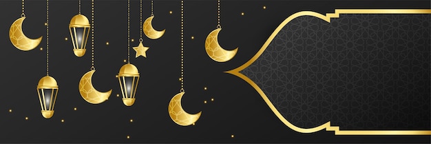 Fondo islamico dell'insegna del ramadan kareem con l'illustrazione di vettore della lanterna della moschea della stella della luna del modello della mezzaluna premium ramadhan nero e oro variopinto ampio fondo di progettazione dell'insegna