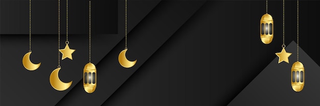 Islamic ramadan kareem banner background with crescent pattern moon star mosque lantern Vector illustration Premium Ramadhan black and gold colorful wide banner design background