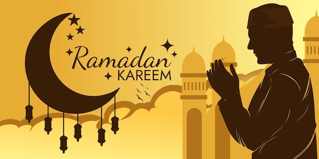 Islamic ramadan kareem greeting banner design with silhouette illustration of muslim man praying,