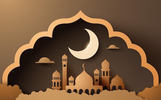 Islamic Ramadan papercut background design with mosque and a moon