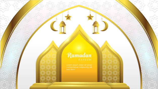 Fondo bianco del ramadan islamico con la stella dell'ornamento della moschea dell'oro 3d e il modello del modello arabo