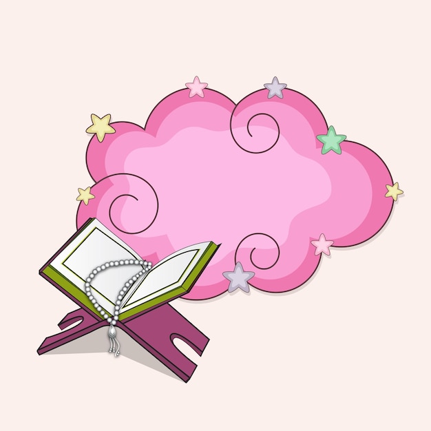 Islamic Religious Holy Book Quran Misbaha At Rehal With Pink Cloud Frame Decorated By Stars And Copy Space For Muslim Community Festival Concept