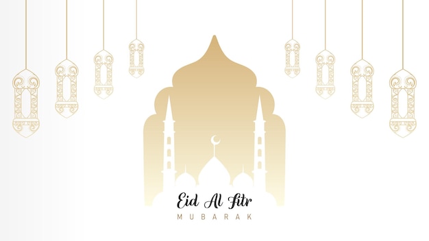 Islamic theme design template for Eid alFitr celebration with mosque and lantern decoration