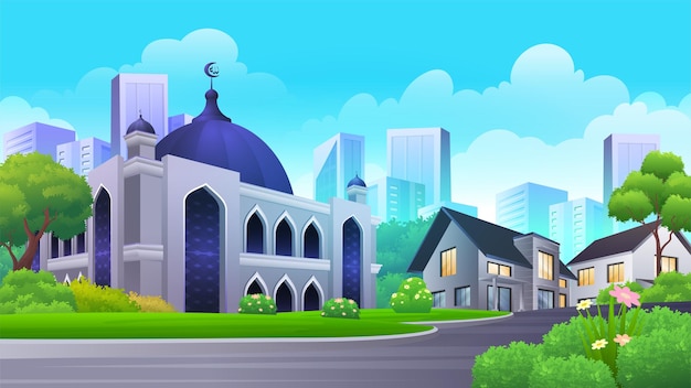 Islamic Urban landscape with mosque, downtown and residential house vector illustration