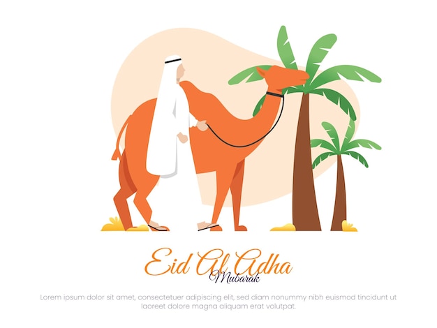 Islamic vector illustration concept for eid aladha with arabic male characters and camels