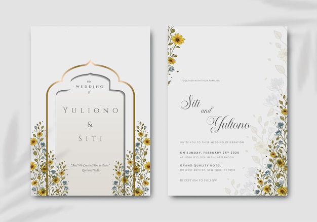 Islamic wedding invitation card template with flower watercolor premium vector