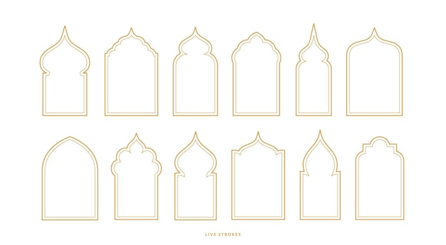 Illustrazioni di cornici di finestre islamiche architettura araba forme di archi geometrici set porte di moschee icone