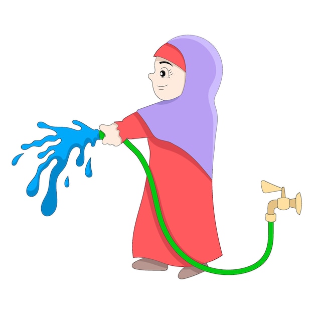 Islamic woman is watering the plants using a hose