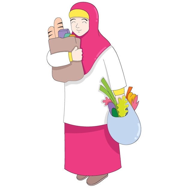 이슬람 여성들이 가족이 필요로 하는 식료품을 들고 걷고 있다