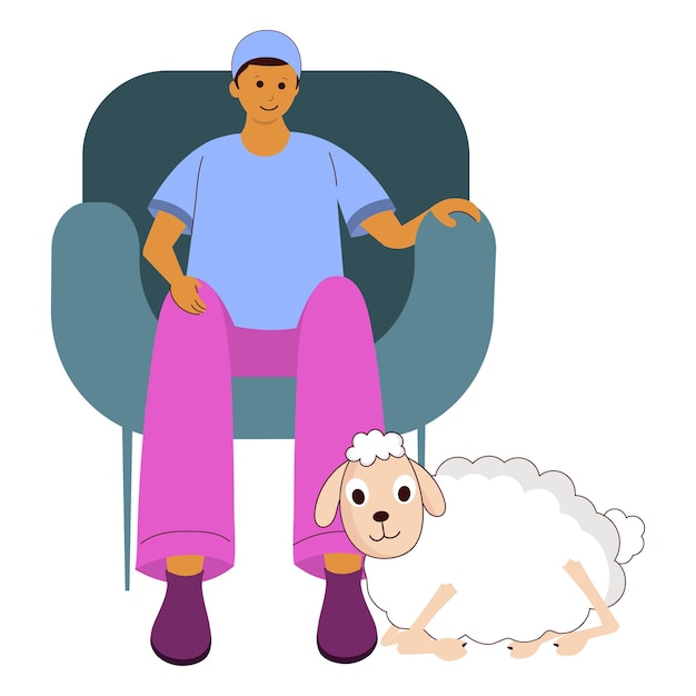 白い背景の上のソファと漫画の羊に座っているイスラムの若い男