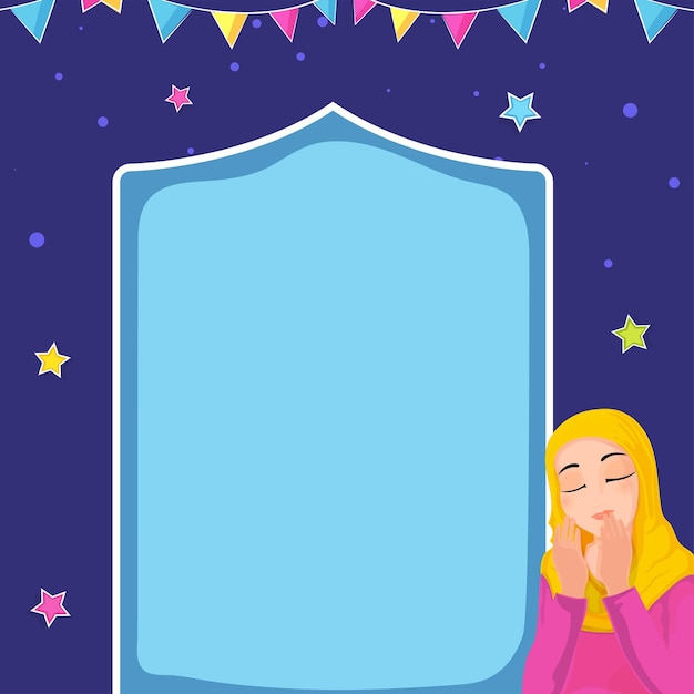 Islamic young woman offering namaz prayer and copy space on blue background decorated with stars clouds bunting flags