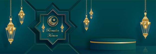 Islamitisch 3d podium rond podium met gouden patroon voor Eid Mubarak Ramadan Kareem Muharram of Iftar