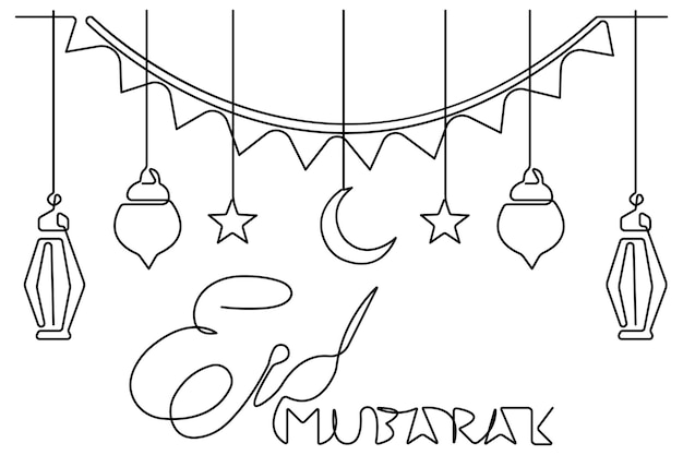 Vector islamitisch decoratieconcept ramadan kareem continue één lijn kunst tekening van eid mubarak vector