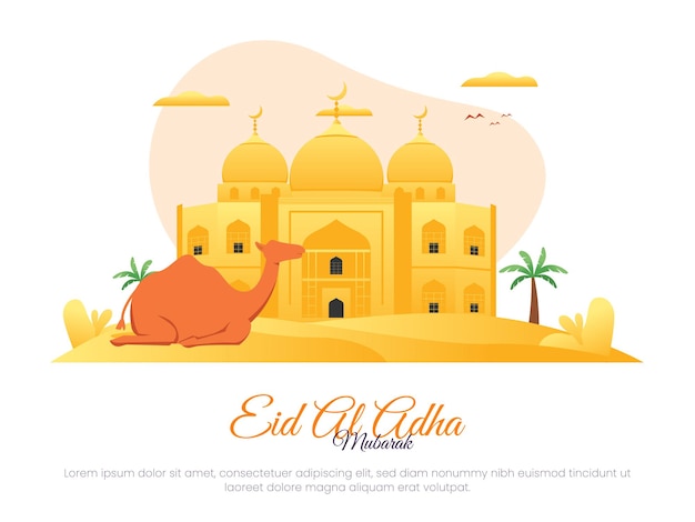 Vector islamitisch illustratieconcept voor eid al adha met kameel op woestijnachtergrond en moskee