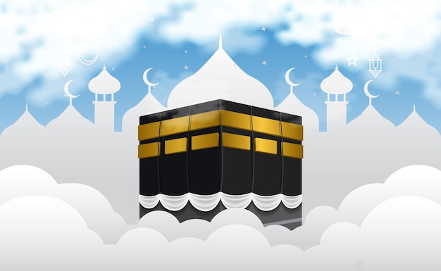 Islamitisch Kaaba-ontwerp met witte wolken op blauwe hemelachtergrond