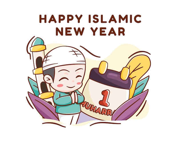 Islamitisch nieuwjaar met schattige moslimjongen cartoon afbeelding