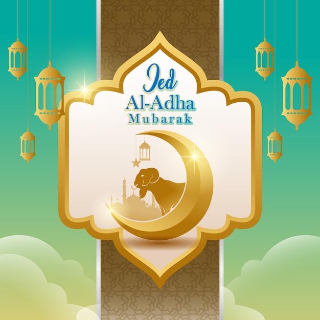 Islamitisch offerfeest EidAlAdha Mubarak-banner met moskeesilhouet en schapen in halve maan