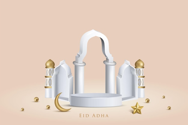 Islamitisch podium voor eid adha mubarak-achtergrond met gouden kleur moskee halve maan ster podium