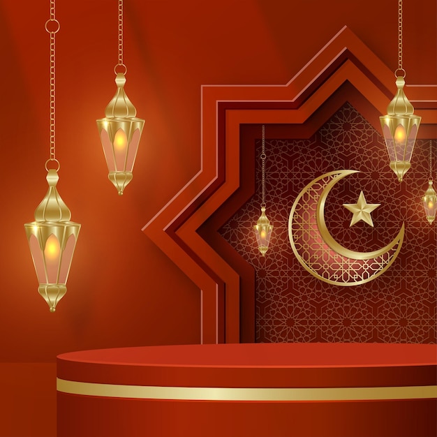 Islamitische 3d podium ronde podium voor Eid Mubarak Ramadan Kareem Muharram Iftar op kleur achtergrond