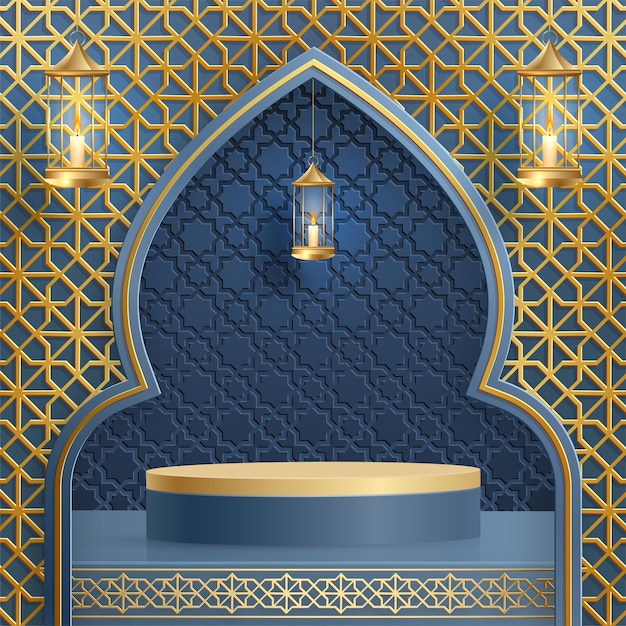 Islamitische 3d podium ronde podium voor Eid Mubarak Ramadan Kareem Muharram Iftar op kleur achtergrond