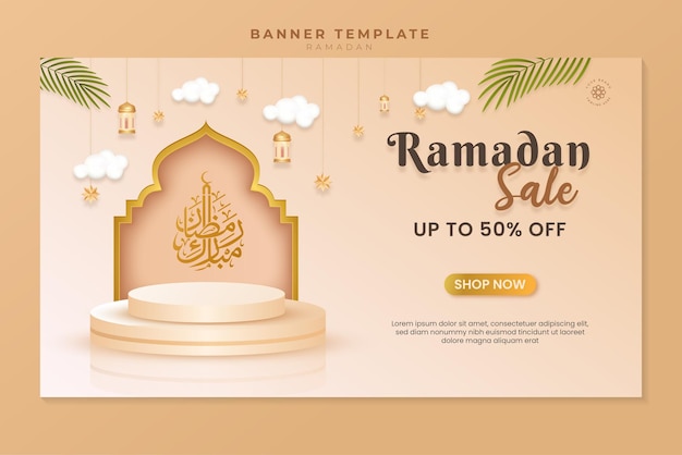 Islamitische 3d product display podium ramadan kareem verkoop banner ornament lantaarn achtergrond premium vector