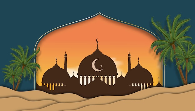 Islamitische achtergrond met moskee silhouet in zonsondergang hemel met wassende maan Vector papier gesneden moskee venster Woestijn zandduinen landschap Banner voor Eid Mubarak Ramadan Kareem Eid al fitr Eid al Adha