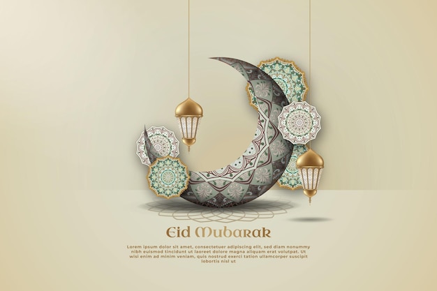 Vector islamitische achtergrondpapierkunst met een halve maan en de woorden eid mubarak erop