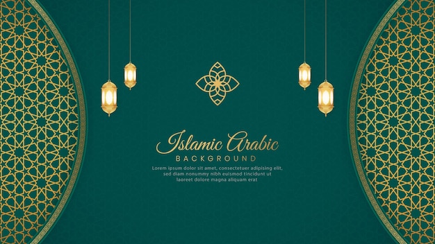 Islamitische Arabische groene luxe achtergrond met geometrisch patroon en mooi ornament met lantaarns