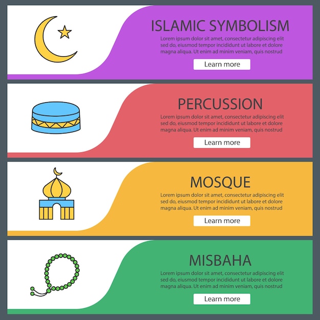 Islamitische cultuur webbanner sjablonen set. Halve maan en ster, moskee, misbaha, daf. Menu-items in kleur van de website. Ontwerpconcepten voor vectorkoppen