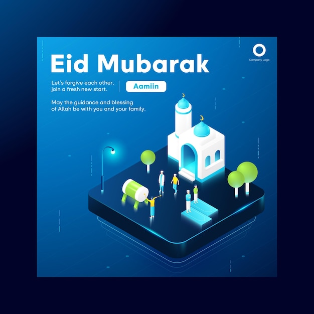 Islamitische digitale eid mubarak isometrische vectorstijl met moskee