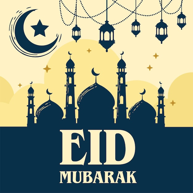 Islamitische Eid Mubarak-achtergrond met silhouetmoskee