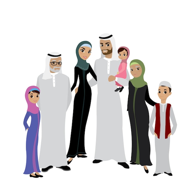 islamitische familie arabische mensen vader moeder zoon dochter grootmoeder grootvader cartoon vector