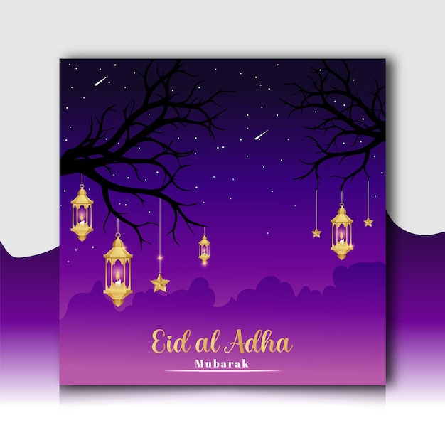 Islamitische festival eid al adha mubarak social media banner met stijlvolle gouden lantaarns