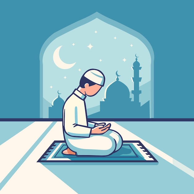 Vector islamitische gebed plat ontwerp illustratie met moskee maan en ster eid mubarak al fitr islam ramadan