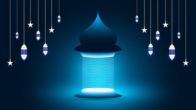 Islamitische groet achtergrondontwerp met mooie blauwe lantaarn