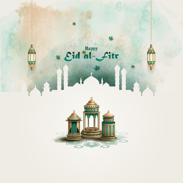 islamitische groeten eid al fitr-kaartontwerp met prachtige lantaarns en aquarelachtergrond