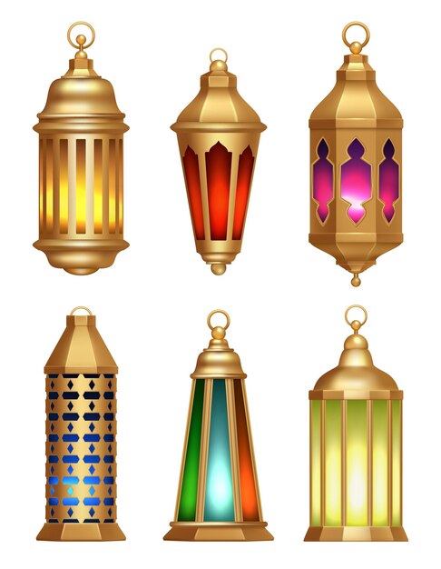 Vector islamitische lampen. ramadan lantaarns arabisch vintage gouden verlichting lampen realistische illustraties. moslimlamplantaarn, islamitische of arabische illustratie