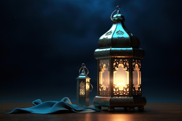 islamitische Lentern op donker beutiful verlichting 3d rendering illustratie eid mubarak achtergrond
