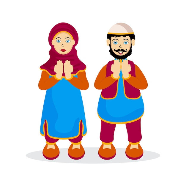 Vector islamitische mensen karakters. man en vrouw bidden tot allah op de heilige maand ramadan kareem.