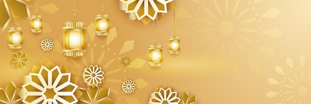 Islamitische ramadan kareem banner achtergrond met halve maan patroon maan ster moskee lantaarn Vector illustratie Ramadan geel goud kleurrijke brede banner ontwerp achtergrond